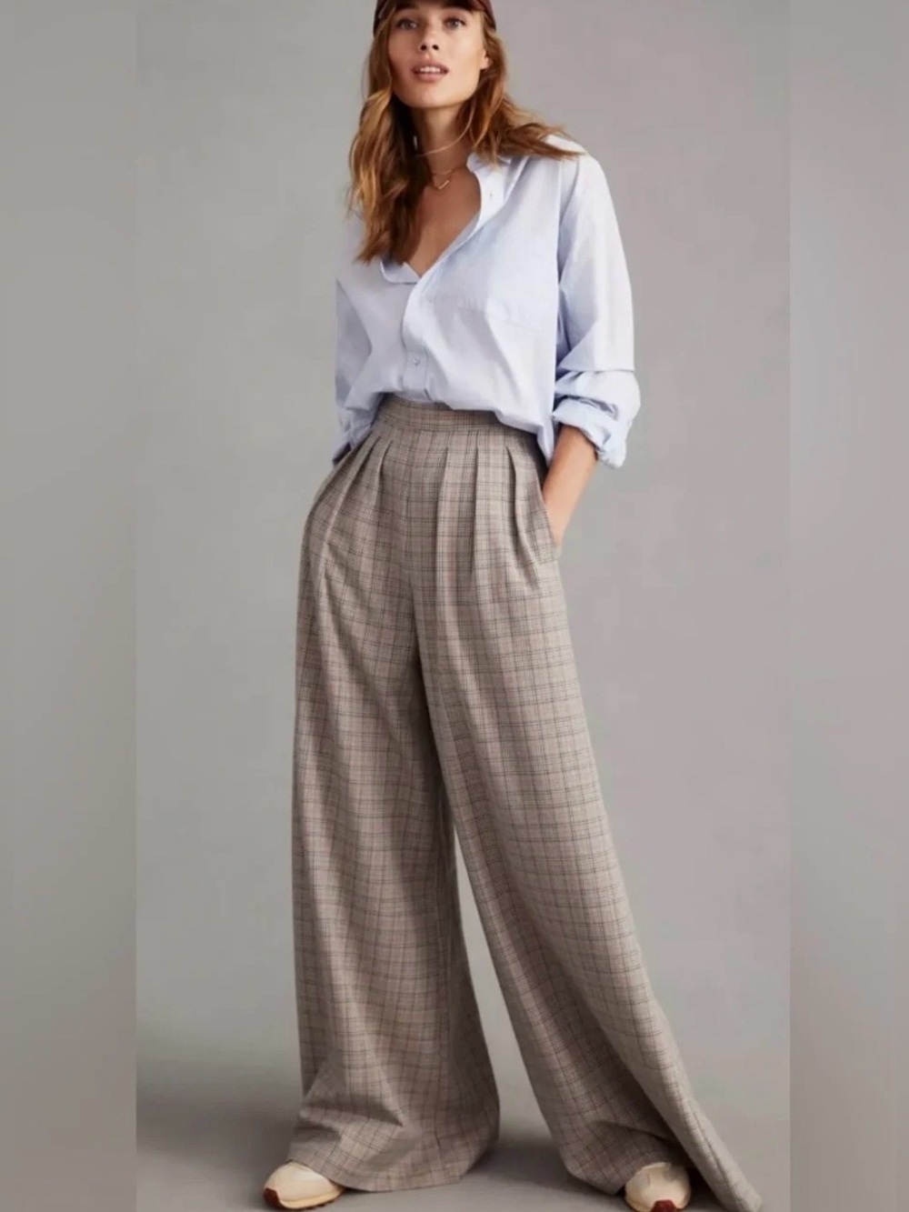 Corey Lynn Calter Womens Pleated Wide Leg Plaid Trousers Sz XS Brown Pants